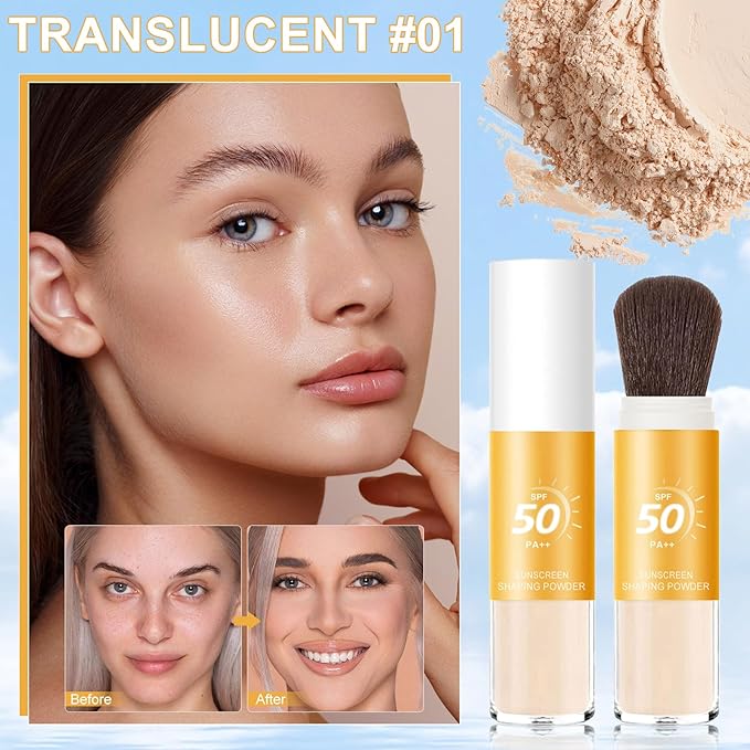 Mineral Sunscreen Setting Powder, SPF 50++ Mineral Setting Powder Sunscreen for Face with Soft Brush Powder Sunscreen for Scalp Matte Face Powder (1PC, 1.02 * 1.02 * 4.29)
