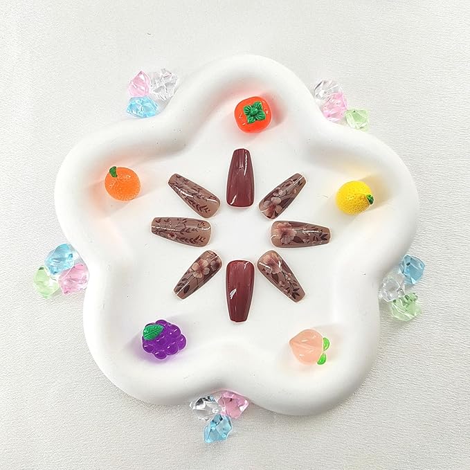 Coffin Press on Nails Medium Fake Nails with Flower Leaf Design Glue on Nails Brown Full Cover Nails Press ons Cute Fall False Nails Glossy Coffin Stick on Nails for Women 24Pcs