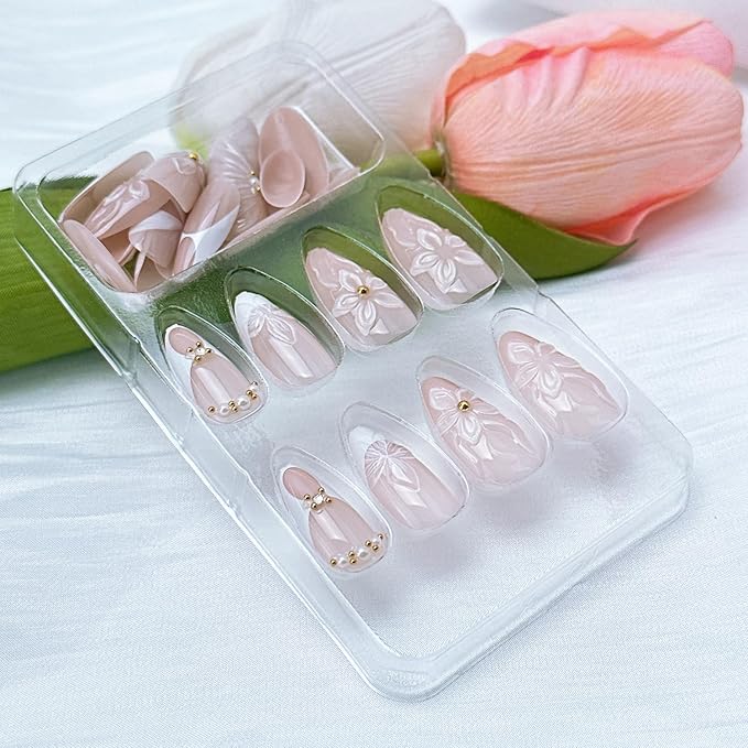24Pcs White French Tip Press on Nails Medium Almond Fake Nails with Seashell Designs 3D Flower Acrylic Nails Gold Rhinestones Stick on Nails Summer False Nails Cute Ribbon Glue on Nails for Women