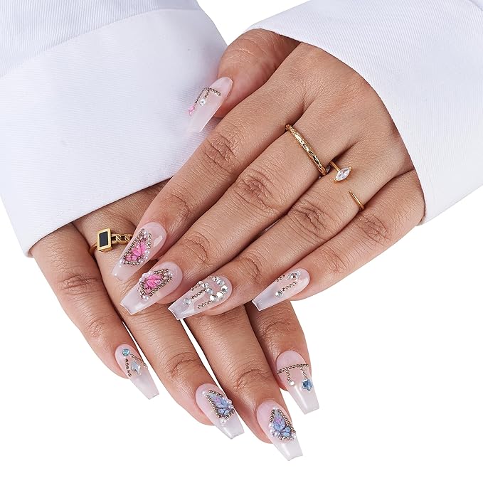 Medium-Butterfly Dreams French Tip Press-On 10 Nails Manicure Kit for Women | Custom Handcrafted Nail Glue, Dual Nail File, Cuticle Stick & Buffer Block | Measure Before Ordering