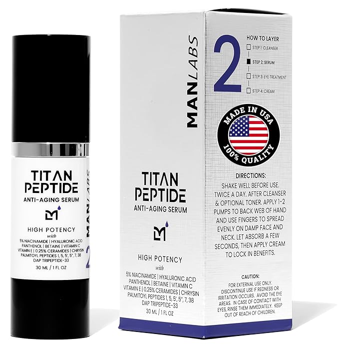 Titan Anti-Aging Peptides Serum for Face – High Potency Mens Peptide Serum Moisturizer – Mens Skin Care – Men, Dark Spots, Wrinkles, Fine Lines – Peptides, 5% Niacinamide, HA – Unscented