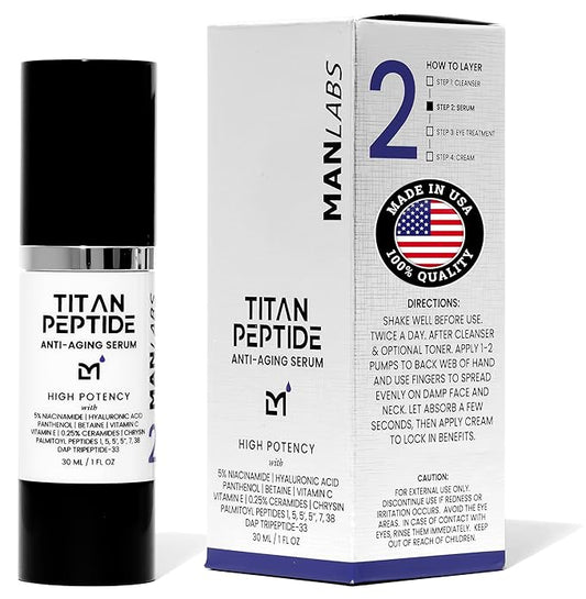 Titan Anti-Aging Peptides Serum for Face – High Potency Mens Peptide Serum Moisturizer – Mens Skin Care – Men, Dark Spots, Wrinkles, Fine Lines – Peptides, 5% Niacinamide, HA – Unscented