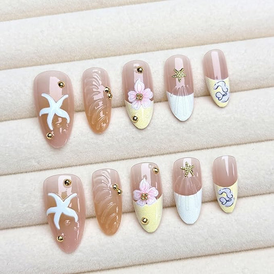 30Pcs Pink Flower Press on Nails Medium Almond Fake Nails with 3D Gold Starfish Gold Beads Shell Design White Yellow French Tip False Nails Spring Summer Floral Stick on Nails for Women Decor