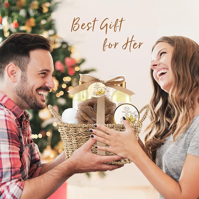 Bath and Body Warm Vanilla Sugar Spa Gifts for Women, with Shower Gel, Bubble Bath, Body Lotion, Bath Bomb, Bath Salt, Spa Basket Gift Set for Women, 7pcs Set Gifts