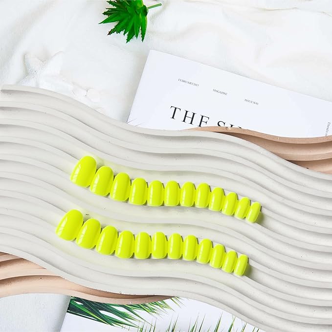 Neon Green Press on Nails Short Almond Fake Nails Press ons Neon Thick Solid Color Glue on Nails Short False Nails Medium Almond Nails Oval Round Shaped for Women 24Pcs