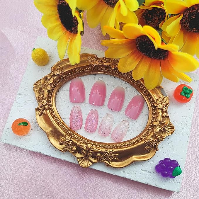 Spring Press on Nails Short Coffin Fake Nails with Glitter Designs White Pink Ombre Nails Press ons Glossy Glue on Nails Cute Acrylic Nails Artificial False Nails Stick on Nails for Women 24Pcs