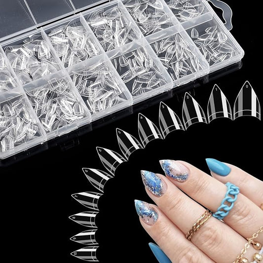 Clear Short Stiletto Nail Tips, 600PCS Half Cover Soft Gel Stiletto Nail Tips, Almond Shape Fake Nails Acrylic Nail Extension Tips for Acrylic Nails Art Salon Home DIY with Box 12Sizes