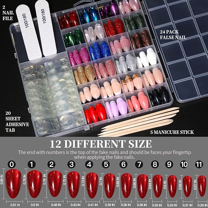 FANDAMEI Press on Nails Almond, 24 Colors 576PCS Short Press on Nails, Cat Eye Nails Short Almond, Glossy Glitter Nails Press On French Tip, Natural Fit Lightweight Fake Nails for Christmas Nail Art