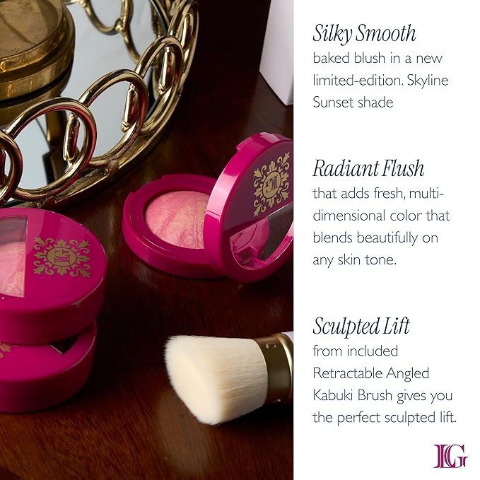 LAURA GELLER NEW YORK Holiday 2025 Limited Edition Baked Blush-n-Brighten Marbleized Blush - Skyline Sunset - Pink Color for Cheeks (02 Skyline Sunset + Kabuki Brush)