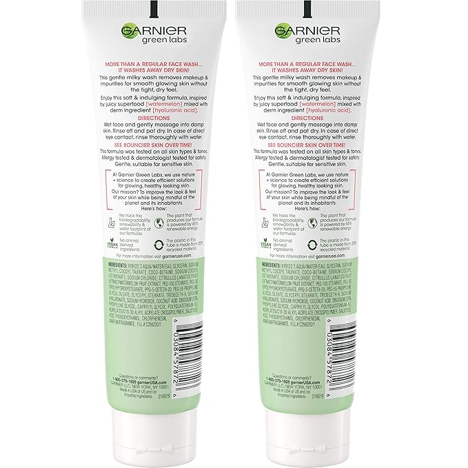 Garnier SkinActive Green Labs Hyalu-Melon Smoothing Milky Washable Cleanser with Hyaluronic Acid + Watermelon for Dehydrated Skin, Fine Lines, 2 Count (Packaging May Vary)