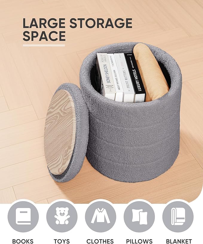 B FSOBEIIALEO Ottoman with Stroage, Round Sherpa Storage Ottoman Stool, Boucle Foot Rest 14.6"x14.6"x17.7"（Grey