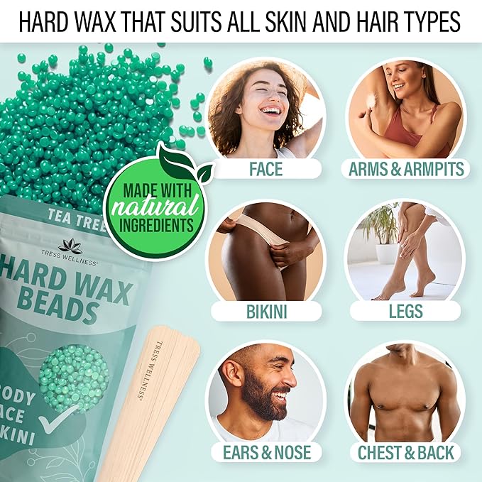 Tress Wellness Waxing Kit for Sensitive Skin – Safe for Face & Skin, Prep & Aftercare Spray, Easy to Use – At-Home Kit for Face, Bikini, Brazilian & Full Body – Black, No Display