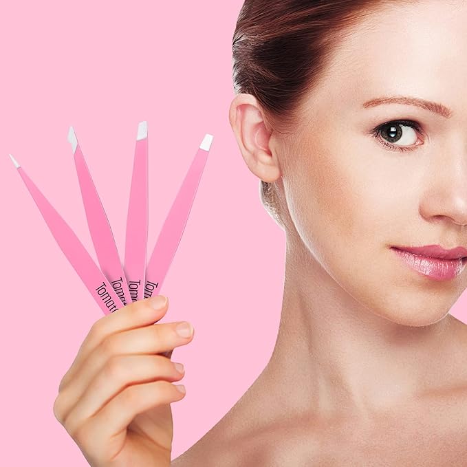 Tweezers for Eyebrows, Slant Tip and Pointed Eyebrow Tweezer Set Great Precision for Eyebrows Facial Hair, Ingrown Hair, Splinter, Blackhead and Tick Remover (4-piece) (pink)