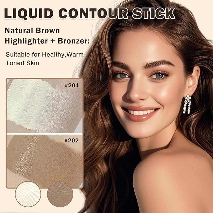 Liquid Contour Stick and Highlighter Makeup Stick,Warm Toned Liquid Bronzer for Face,Hydrating and Nourishing,Lightweight Buildable Contorno Maquillaje (Warm Tone Contour + Highlight)