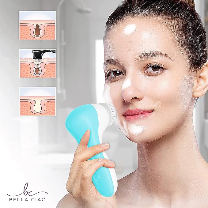 Bella Ciao 6-Piece Facial Cleansing and Exfoliating Set with Soft Facial Brush, Rolling Massager Head, Latex Sponge, Makeup Sponge, and Callus-Remover Disc, Batteries Not Included, Blue