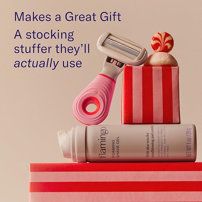 Flamingo Travel Razor Kit for Women – Body & Pubic Razor – Mini Handle, 2 Blade Refills, 2 Travel Size Foaming Shave Gels & Vented Travel Case – Perfect Stocking Stuffer