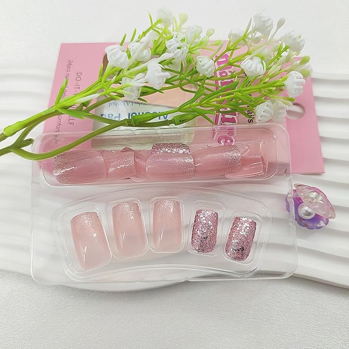 Press on Nails Medium Square Fake Nails with Glitter Sequins Designs Gradient Nails Press ons Glossy Glue on Nails Daily Wear Simple Acrylic Nails Purple False Nails Stick on Nails for Women 24Pcs