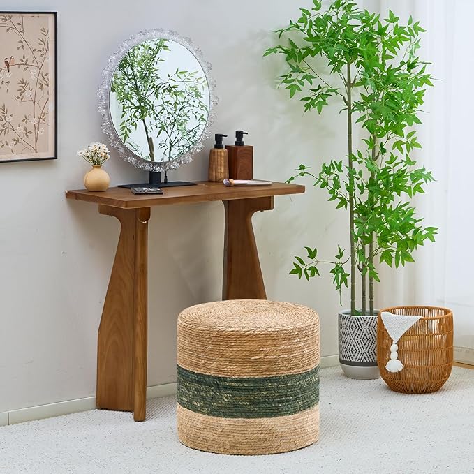 Wimarsbon 18'' Ottoman Pouf, Natural Braided Poof, Rustic Handweave Lounge Pouffe, Boho Footrest Stool for Bedroom, Accent Table for Living Room (18inch Natural Cattail + Green Corn Husk)