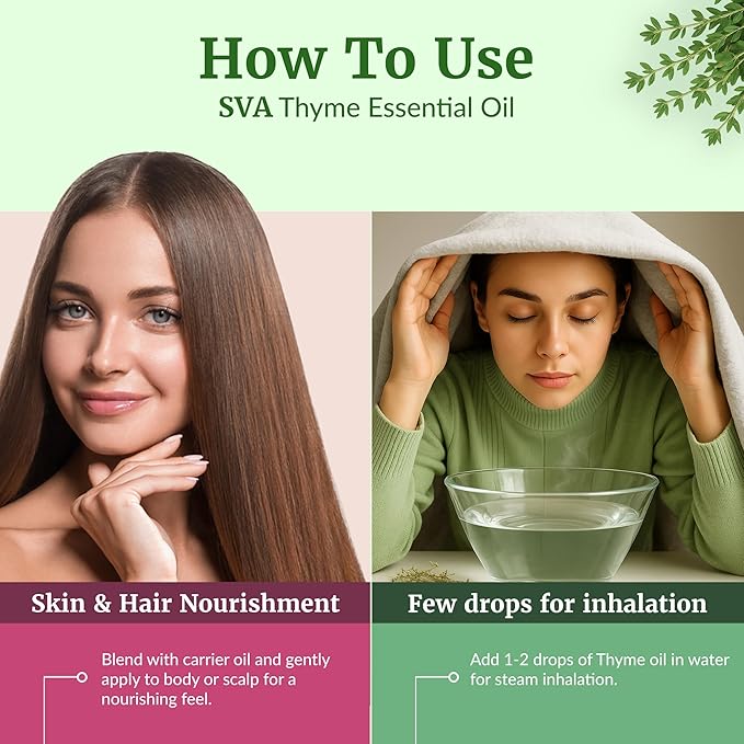 SVA Thyme Essential Oil – 4 Fl Oz – 100% Natural Thyme Oil - for Diffuser, Hair Care, Face, Skin Care, Aromatherapy, Scalp and Body Massage, Soap and Candle Making – with Dropper