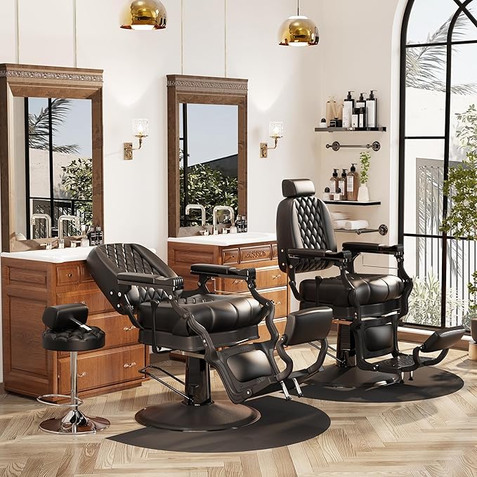 Baasha Retro Reclining Barber Chair, Ergonomic All-Purpose Salon Chair with Thick Cushion & Adjustable Headrest, Heavy-Duty Design, 550 lbs Support