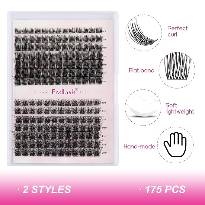 Lash Clusters DIY Eyelash Extensions 175 Clusters Lashes D Curl 0.07 Natural Individual Lash Extensions Mixed Tray False Eyelashes Soft & Strong Thin Band DIY at Home (F24+F25-0.07D, 8-16mm)