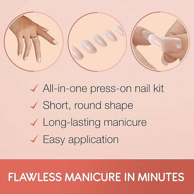 Ardell Nail Addict Naked Pristine, Press On Nails, Short Round Shape, Nail Kit, 1-Pack