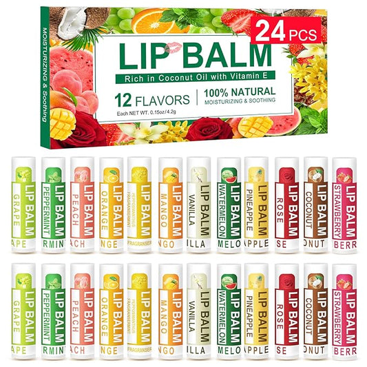 DMSKY Natural Lip Balm Bulk 24 Pack, Moisturizing Lip Balm with Vitamin E and Coconut Oil, Lip Care Product for Chapped Lips-12 Flavors