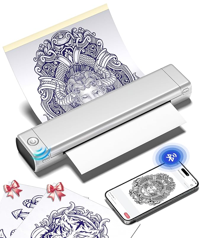 Phomemo M08F Tattoo Stencil Printer Bluetooth, Inkless Tattoo Machine with 10pcs Transfer Paper, Portable Printer for Tattooing, Compatible with Smartphone & PC, Silver