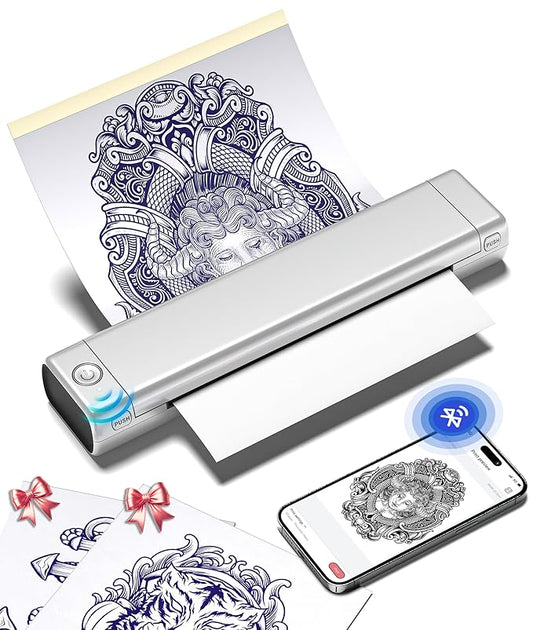 Phomemo M08F Tattoo Stencil Printer Bluetooth, Inkless Tattoo Machine with 10pcs Transfer Paper, Portable Printer for Tattooing, Compatible with Smartphone & PC, Silver