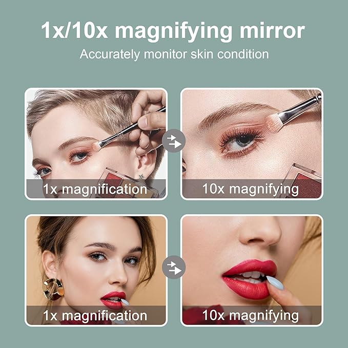 10X Magnifying Clip on Makeup Mirror Gooseneck, 6.5" Vanity Mirror with Light, 2000mAh USB Recharge 360° Rotating,Clip On Gooseneck Magnifying Vanity Mirror with Light,Travel Makeup Mirror (White 10X)