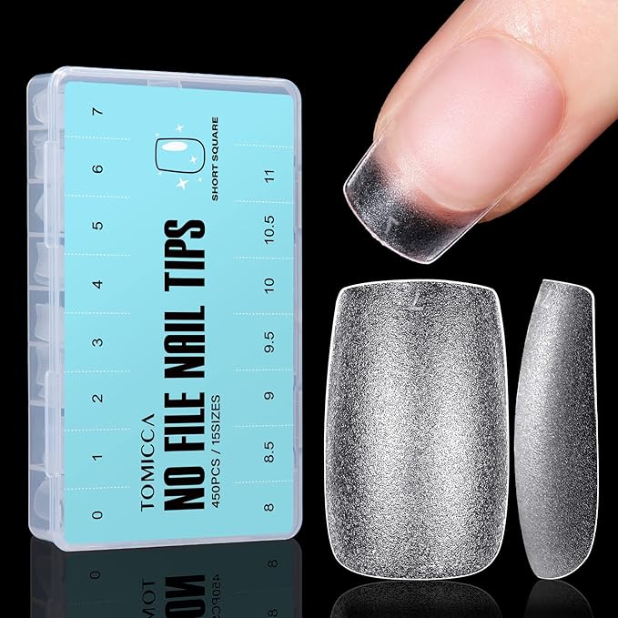 TOMICCA Short Coffin Nail Tips, 450Pcs Soft Pre Shaped Gel Fake Nails, 15 Sizes Full Cover Double-sided Matte Press on Flase Nail Tips for Home DIY Nail Art Women Girls