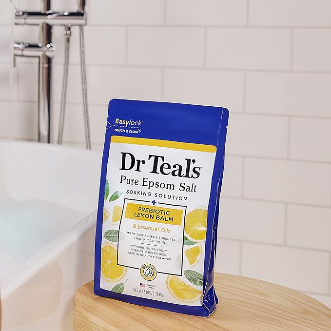 Dr Teal's Pure Epsom Salt, Prebiotic Lemon Balm & Essential Oil, 3 lbs (Pack of 4)