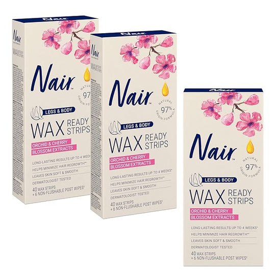 Nair Hair Remover Wax Ready Strips for Legs & Body, No Mess Waxing Kit for Hair Removal, 3-pack Wax Strips, 40ct Each Wax Kit