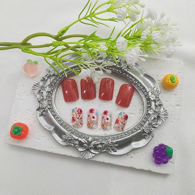 Medium Press on Nails Square Fake Nails with Colorful Floral Designs Orange Nails Press ons Glossy Glue on Nails Spring Acrylic Nails Full Cover Flase Nails Summer Stick on Nails for Women 24Pcs
