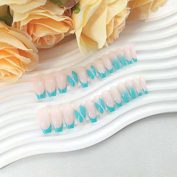 Coffin Press on Nails Medium Blue French Tip Fake Nails with Flower Butterfly Design Gradient Glue on Nails White Full Cover Coffin Nails Press ons Glossy Artificial Stick on Nails for Women 24Pcs