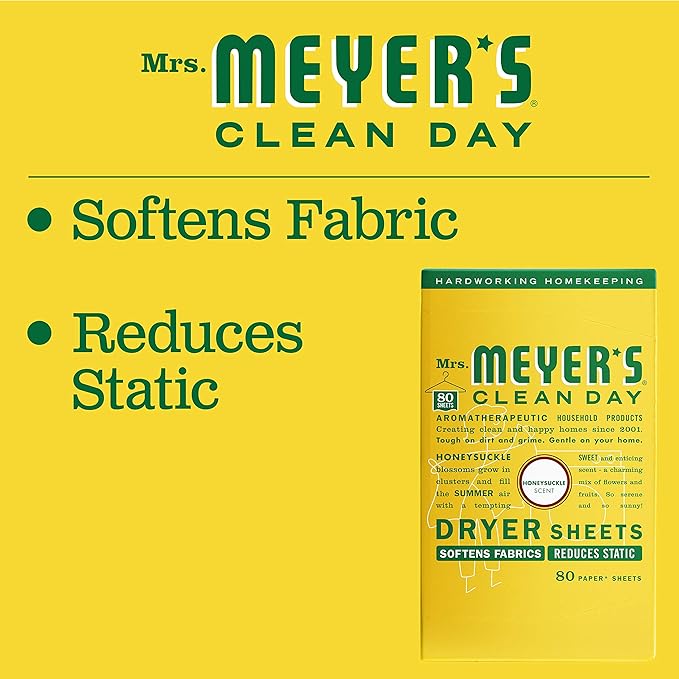 MRS. MEYER'S CLEAN DAY Dryer Sheets, Fabric Softener, Reduces Static, Infused with Essential Oils, Honeysuckle, 80 Count