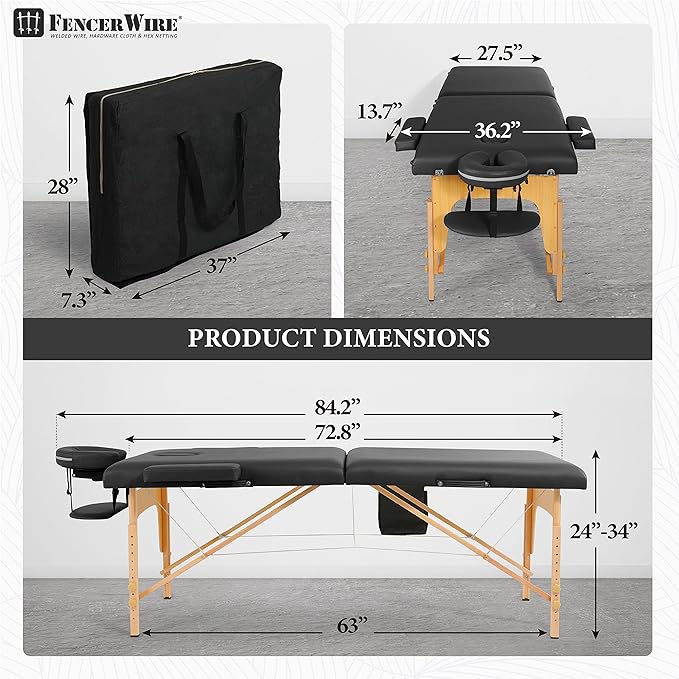Fencer Wire 84 Inch Premium Memory Foam Massage Table, Foldable Massage Bed, Height Adjustable Spa Bed, Facial Cradle Salon Bed Wooden Legs & Carry Case, Black, 28 Inch Wide
