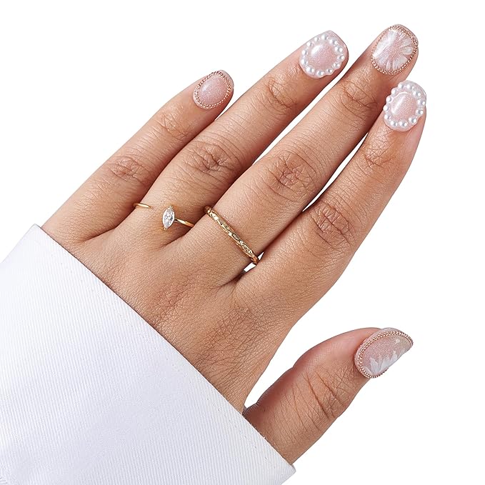 Large-Pearl Royale Fake Nails Press-On Manicure Kit for Women | French Tip 10 Nails | Nail Glue, Dual Nail File, Cuticle Stick, Buffer Block | Measure Before Ordering