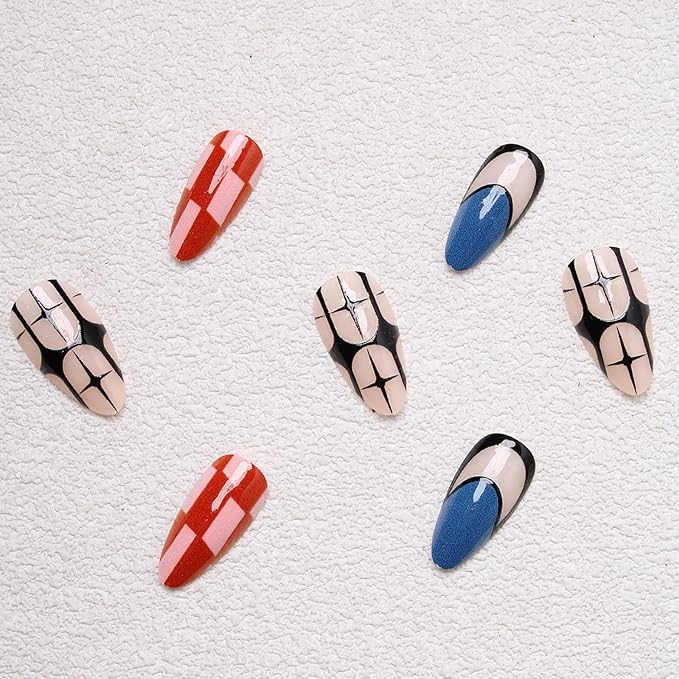 IMRAIN Press on Nails Medium Almond Fake Nails Glossy Glue on Nails Full Cover Black Blue Acrylic False Nails Stick on Nails for Women 24Pcs