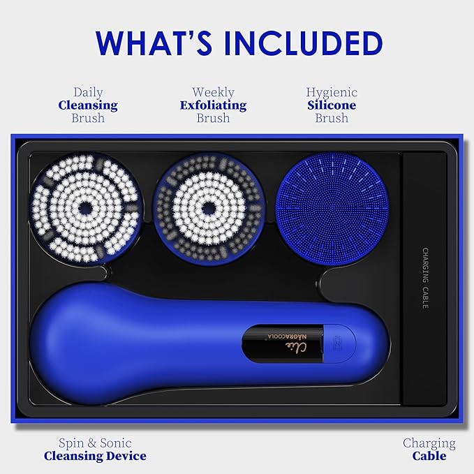 Premium Face Scrubber, Deep Pore Cleansing Brush, Waterproof & Rechargeable Face Scrub Brush for Men& Women, Electric Facial Exfoliator with 3 Brushes, 3 Intensities, 2 Modes with Eye Rollor - Azure