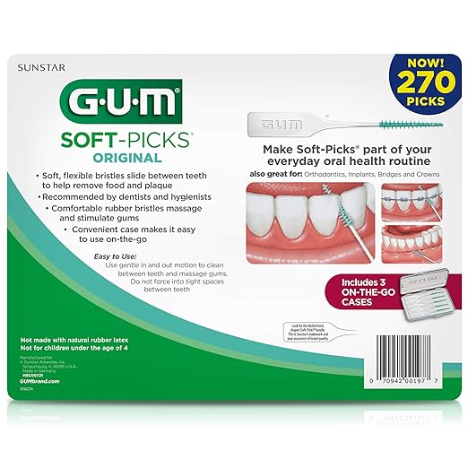 GUM Soft-Picks Original, Easy to Use Dental Picks for Teeth Cleaning and Gum Health, Disposable Interdental Brushes with Convenient Carry Case, Dentist Recommended Dental Picks, 270 Count