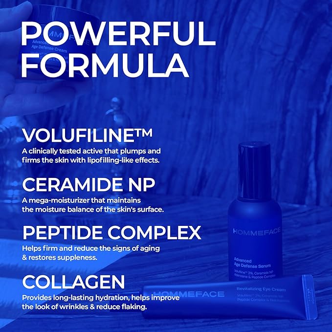 HOMMEFACE Men’s Advanced Age Defense 3-Piece Anti-Aging Skincare Set - Facial Serum, Eye Cream & Face Cream - Korean Skincare Technology with Volufiline, Ceramide, Hyaluronic Acid & Peptides