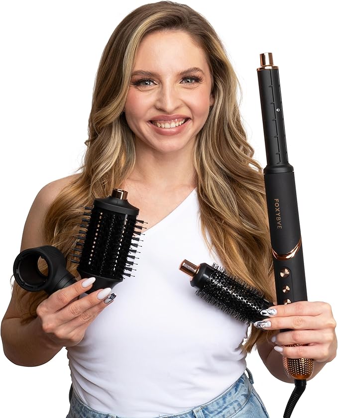 FoxyBae Super Styler Pro Interchangeable 5 in 1 Hair Styler Wand Curling Iron Set - w/Drying Cylinder, Ceramic Blowout & Round Brushes, 2 Auto-Wrap Curlers - Frizz-Free, Smooth Hair [Black Rose-Gold]