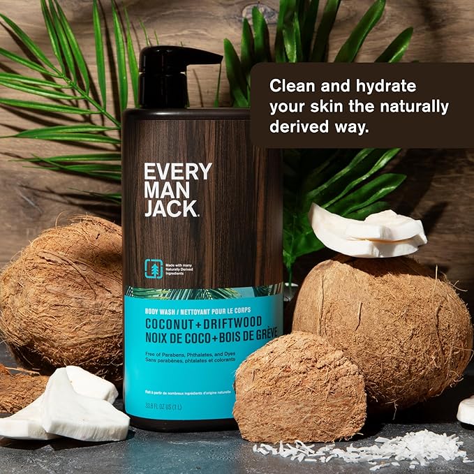Every Man Jack Coconut + Driftwood & Amber + Sandalwood Mens Body Wash for All Skin Types - Cleanse, Hydrate, and Smell Great - Free of Parabens, Phtalates, and Dyes - 33.8 fl oz (2 Pack)