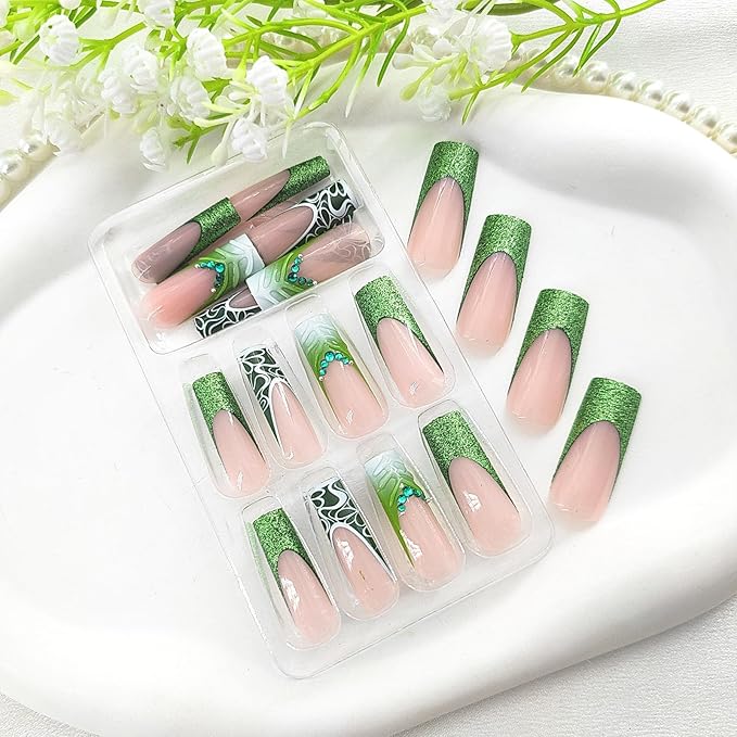 French Tip Press on Nails Square Extra Long Gradient Acrylic Nails Press ons with Lines Rhinestones Design Water Ripple Glue on Nails Green Glitter Fake Nails Transparent False Nails for Girls 24Pcs