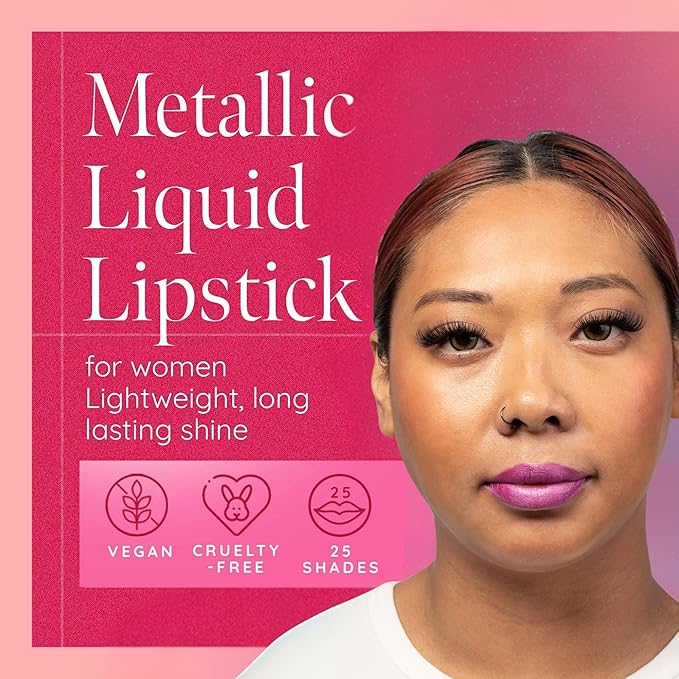 Aromi Metallic Liquid Lipstick | Long-lasting, Fuchsia, Pink Lip Color with Shimmery Finish, Waterproof, Vegan, Cruelty-free, Gluten Free (Moody Magenta)