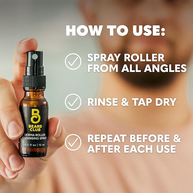 Beard Club Premium Derma Roller, Cleansing Spray & Replacement Head for Face, Body and Scalp - Microneedling Hair & Beard Roller for Men and Women with 540 Titanium Microneedles