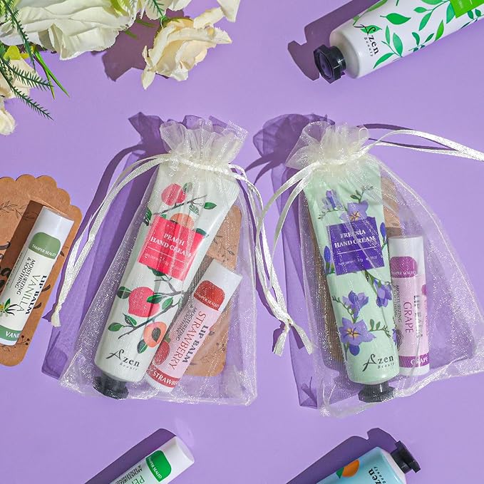 AZEN 8 Sets Bulk Gifts, Hand Cream and Lip Balm Bulk Set with Organza Bag Thank You Card, Baby Shower Wedding Gifts for Guests, Bridal Wedding Favors for Guests,Thank You Gifts for Women