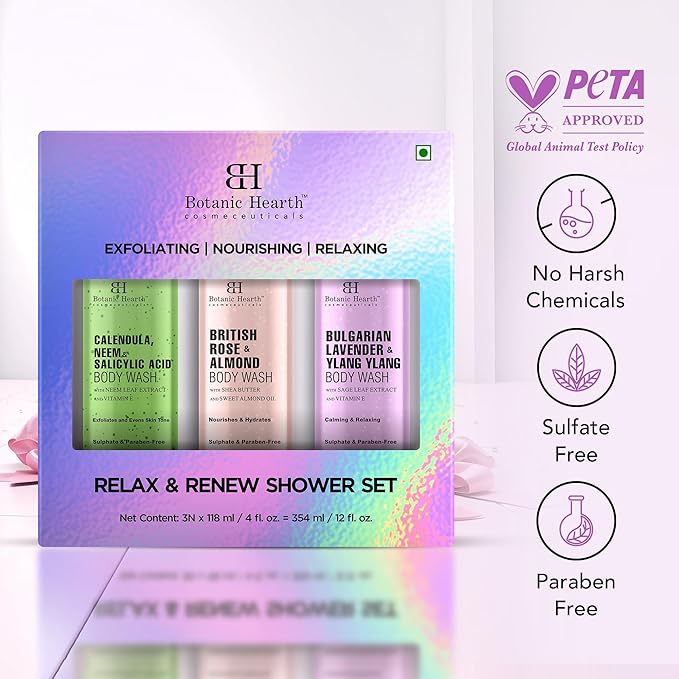 Botanic Hearth Relax And Renew Shower Set | Pack Of 3 Of Body Wash (British Rose,Lavender, Calendula Neem) 4 Fl Oz Each
