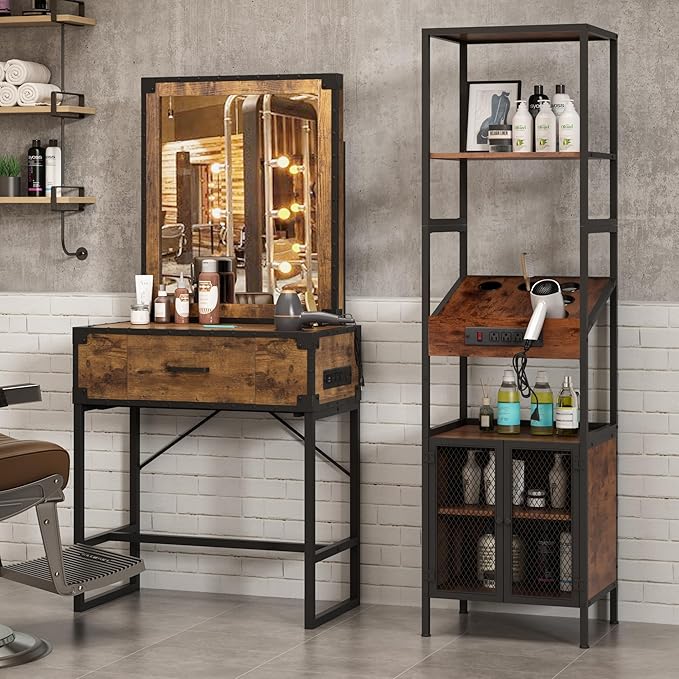 Industrial Salon Station for Hair Stylist, Beauty Spa Shelf and Storage Cabinet with Dryer Hole, 7 Tool Holders, Power Outlets, Styling Equipment for Barber Bathroom, 70.8" H, Rustic Brown
